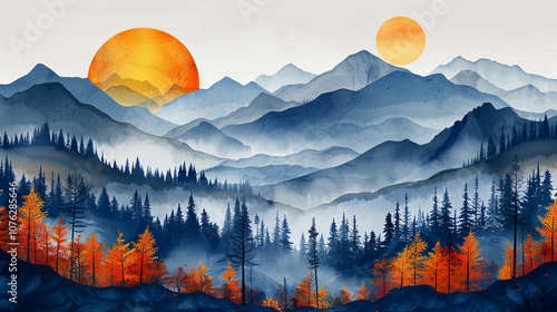 Majestic Mountain Landscape Under Double Suns With Autumn Foliage