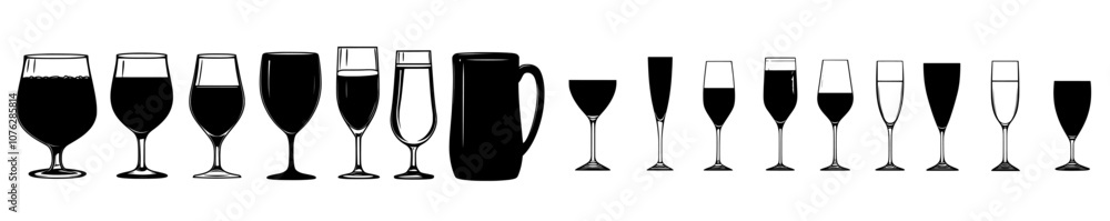 Different glasses silhouettes on a transparent background. Different glasses silhouettes on a transparent background.