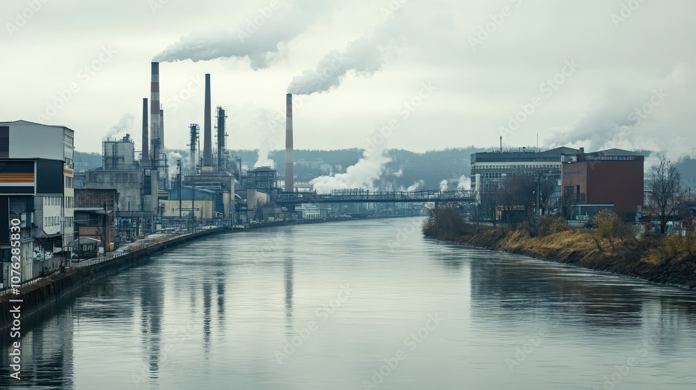 An industrial cityscape with factories, smokestacks, and pollution, contrasted by a nearby clean river. An industrial cityscape with factories, smokestacks, and pollution, contrasted by a nearby clean river.