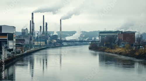 An industrial cityscape with factories, smokestacks, and pollution, contrasted by a nearby clean river.