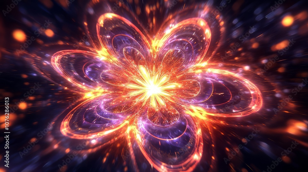 A glowing abstract flower with an orange and purple color scheme on a dark background. A glowing abstract flower with an orange and purple color scheme on a dark background.