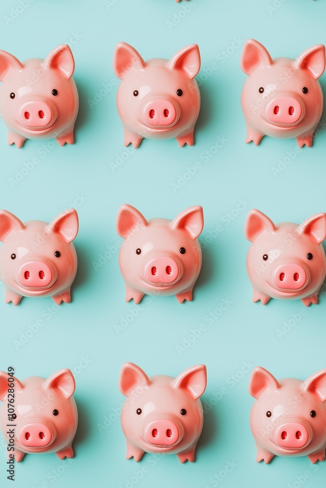A row of pink piggy banks are lined up on a blue background. The piggy banks are all the same size and shape, and they are all facing the same direction. Scene is cheerful and playful A row of pink piggy banks are lined up on a blue background. The piggy banks are all the same size and shape, and they are all facing the same direction. Scene is cheerful and playful