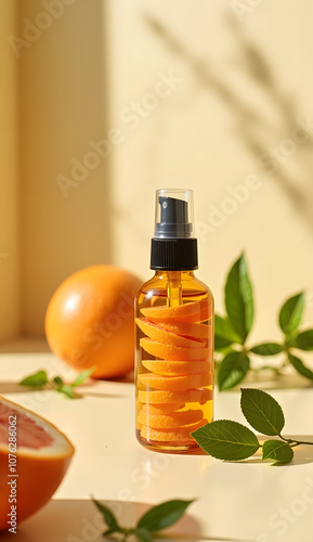 Bottle of essential oil with citrus slices on light background with orange and mint leaves