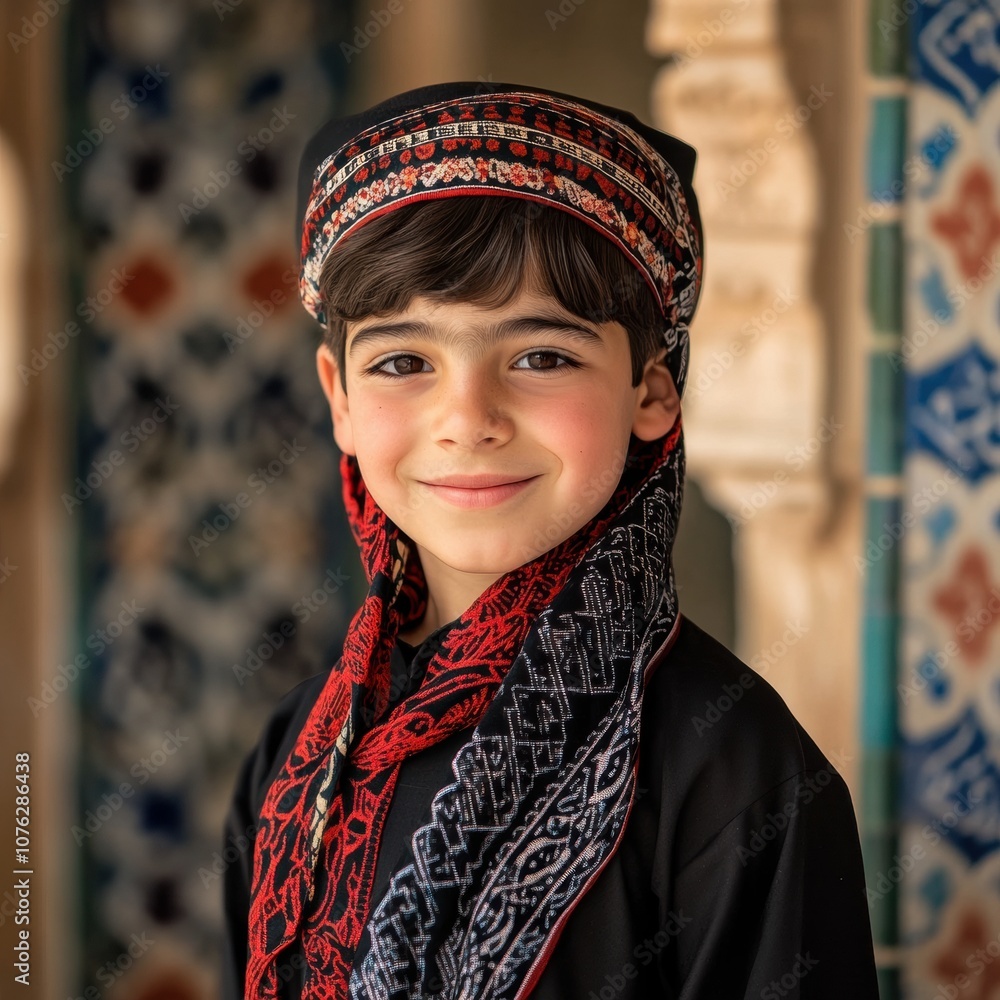 A young boy dressed in traditional attire with intricate patterns and a smile. A young boy dressed in traditional attire with intricate patterns and a smile.