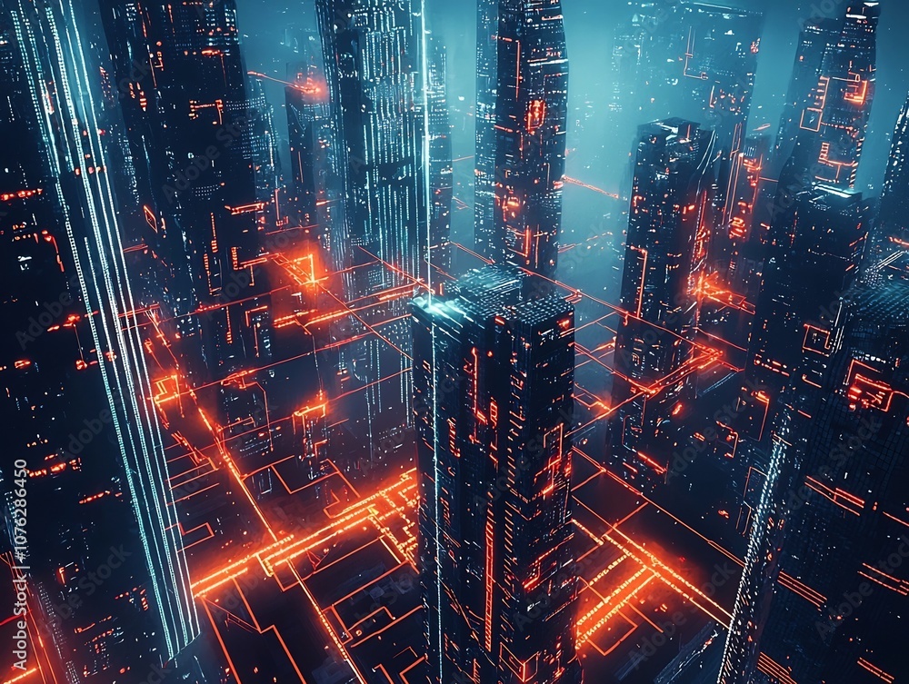 Naklejka premium Futuristic City with Glowing Digital Pathways Symbolizing Technology as the Lifeblood of Modern Civilization