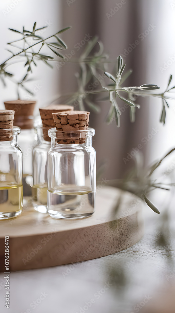 Glass bottles of essential oils with cork stoppers on wooden tray surrounded by greenery Glass bottles of essential oils with cork stoppers on wooden tray surrounded by greenery