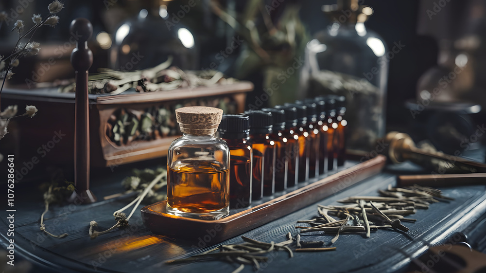 Amber essential oil bottles arranged on a wooden tray with an open glass jar and dried herbs in a rustic setting Amber essential oil bottles arranged on a wooden tray with an open glass jar and dried herbs in a rustic setting