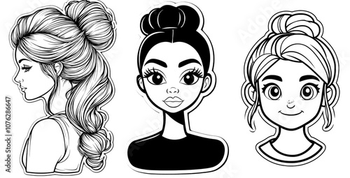 An illustration of messy hair buns, a woman's face silhouette, beautiful female hairstyling, modern illustration, SVG