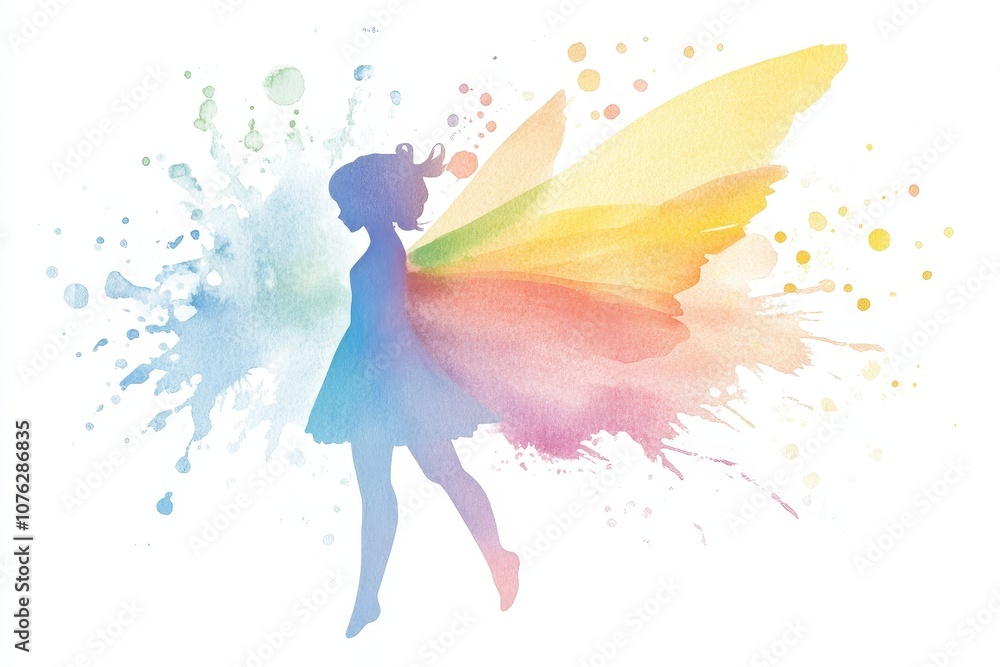 Obraz premium Watercolor painting of a fairy with radiant, rainbow-colored wings
