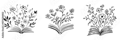Printed book cover with wildflowers, isolated floral book and feathers clip art, Book lovers handdrawn print.