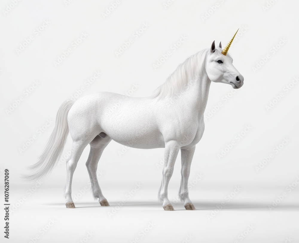 Naklejka premium Elegant white unicorn standing on a seamless white background