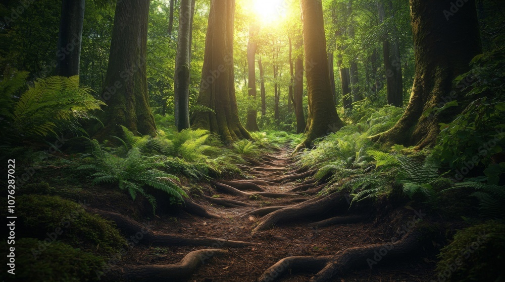 Obraz premium Sunlit Path Through a Lush Forest with Exposed Tree Roots