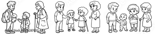 An animated hand drawn line art of male characters going through different stages of their lives. Main Characters: Baby, Toddler, Kid, Teenager, Young, Adult, Senior and Old Men. Minimal Line Art.