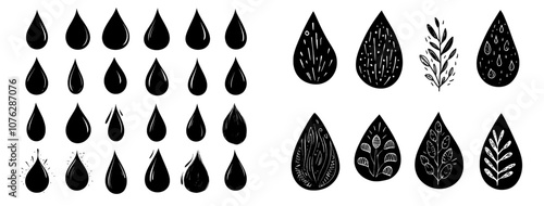 Drops of water or liquid isolated on transparent background. Black modern rough hand-drawn design element isolated on transparent background. Scratched vintage illustration for overlay.