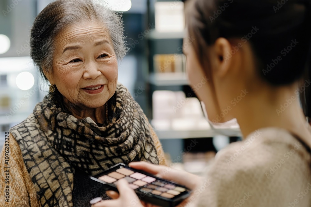 Elderly Woman Receiving Makeup Consultation in Modern Retail Setting Elderly Woman Receiving Makeup Consultation in Modern Retail Setting