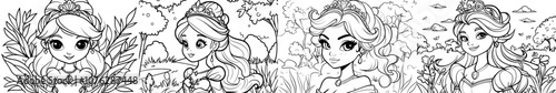 Young princess portrait coloring page. Black ink drawing anti-stress coloring book forest isolated on white.
