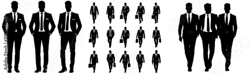 Modern illustration isolated black on white background with business people walking, sitting, standing, with laptops and phones. Avatar, icons.