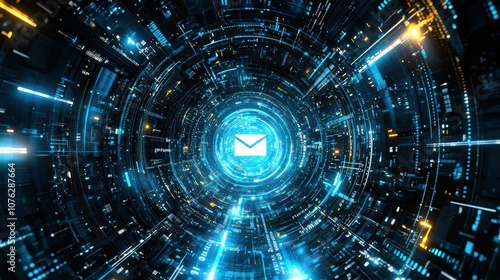 A futuristic digital tunnel with glowing blue lights and an email icon at its center, symbolizing communication and technology.