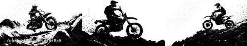 A dynamic black and white illustration illustrating the thrill of extreme sports depicts a motocross rider wheelieing on a steep mountain slope.