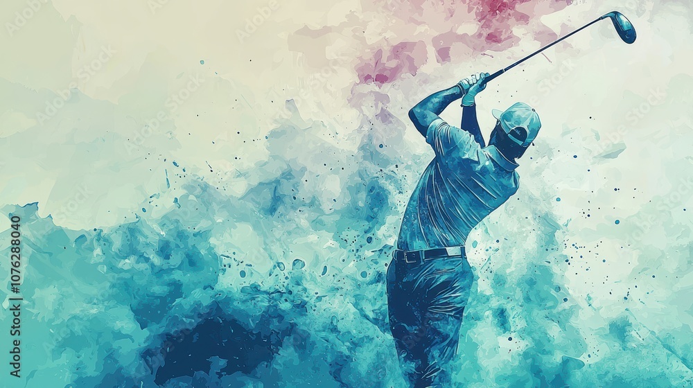Naklejka premium A golfer swings a club amidst a colorful splash of paint, capturing the dynamic energy of the sport in an artistic style.