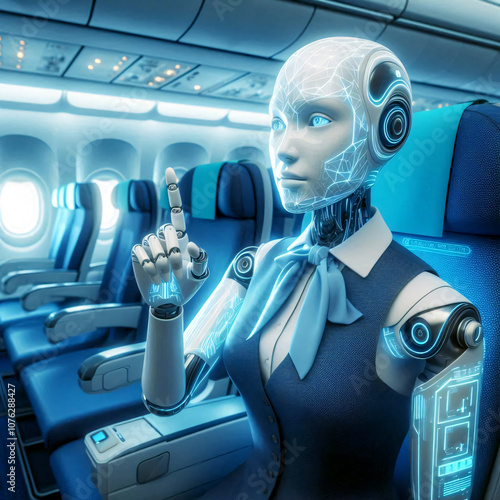 Moderne Roboter - Stewardess. Flugbegleitung in Zeiten von künstlicher Intelligenz. Charmante weibliche Maschine.