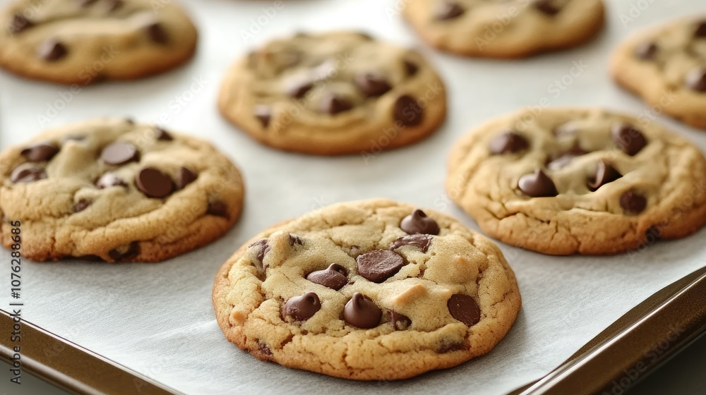 Freshly Baked Chocolate Chip Cookies on a Baking Sheet with a Perfect Golden Brown Color and Melting Chocolate Chips for Dessert Lovers Freshly Baked Chocolate Chip Cookies on a Baking Sheet with a Perfect Golden Brown Color and Melting Chocolate Chips for Dessert Lovers