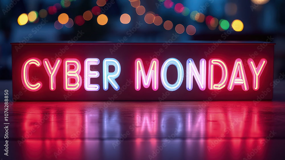 Neon-lit Cyber Monday sign glowing brightly in a bustling city at night, surrounded by vibrant lights and reflections, with a clear space for text Neon-lit Cyber Monday sign glowing brightly in a bustling city at night, surrounded by vibrant lights and reflections, with a clear space for text