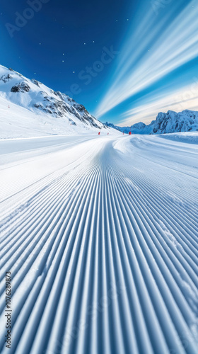 Pristine ski slope under a starry sky with dramatic cloud streaks, AI