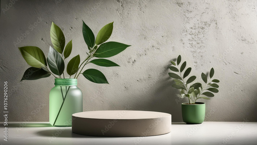 This mock up features a neutral sustainable natural brand product showcase template, a concrete texture wall with a podium stage in the background, a green glass vase with plants, and a neutral This mock up features a neutral sustainable natural brand product showcase template, a concrete texture wall with a podium stage in the background, a green glass vase with plants, and a neutral