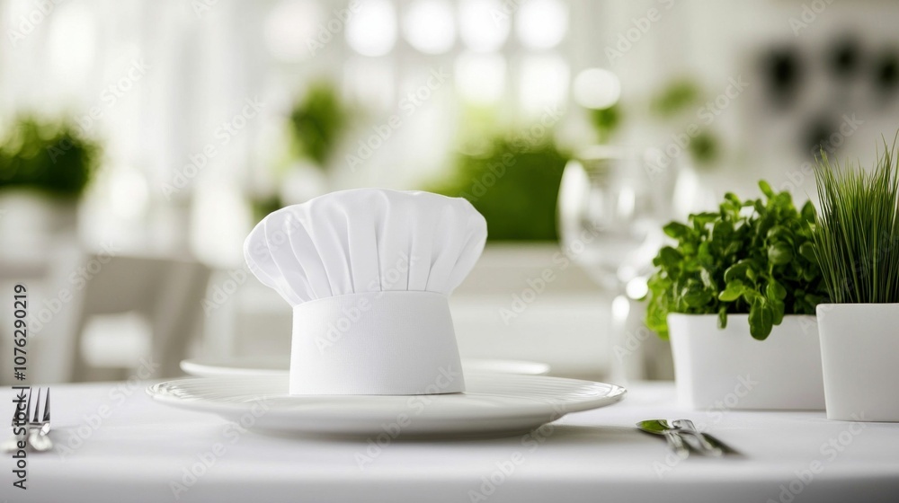 Fototapeta premium Chef Hat and Fresh Herbs on Table in Elegant Restaurant Setting