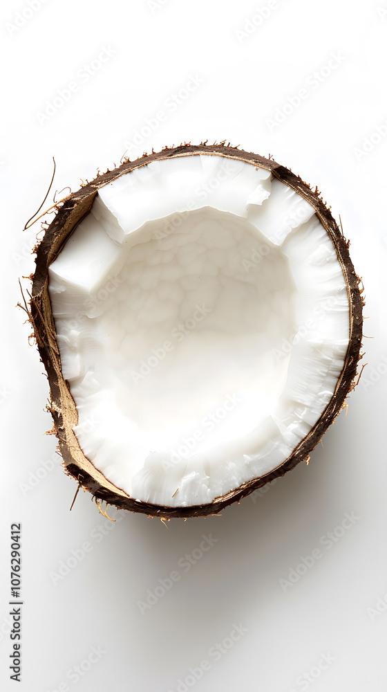 Perfectly cut coconut slice with white flesh and rough brown edge isolated on white background Perfectly cut coconut slice with white flesh and rough brown edge isolated on white background