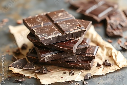 Chocolate bar pieces flying on white background. photo