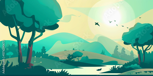 Scenic Mountain Landscape with Birds and Green Valleys