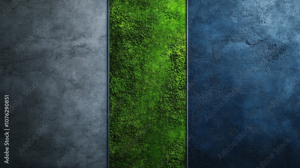 Modern cement wall split vertically with mossy green and cobalt blue, dark background emphasizing the bold color choices and raw texture, Modern cement wall split vertically with mossy green and cobalt blue, dark background emphasizing the bold color choices and raw texture,