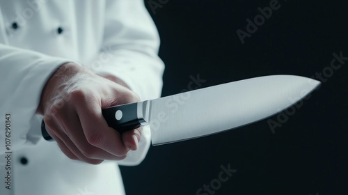 Chef Holding Large Kitchen Knife with Black Handle