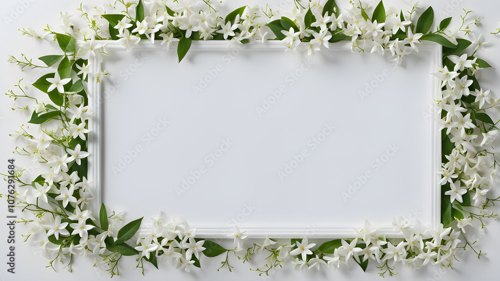 Frame with beautiful jasmine flowers on white background, top view Frame with beautiful jasmine flowers on white background, top view