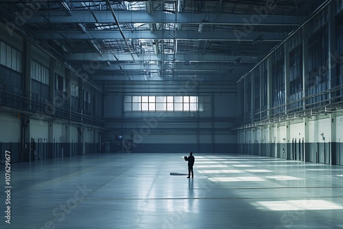 Industrial Interior: A Large Empty Warehouse with a Single Figure