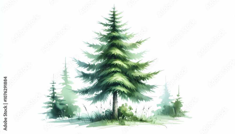 Watercolor illustration of a tall pine tree with soft green needles isolated on white delicate brus2 Watercolor illustration of a tall pine tree with soft green needles isolated on white delicate brus2