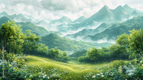 Tranquil Mountain Landscape With Lush Greenery Under Blue Skies