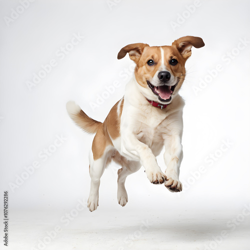 Jack Russell Terrier jumping in the studio on a white background.