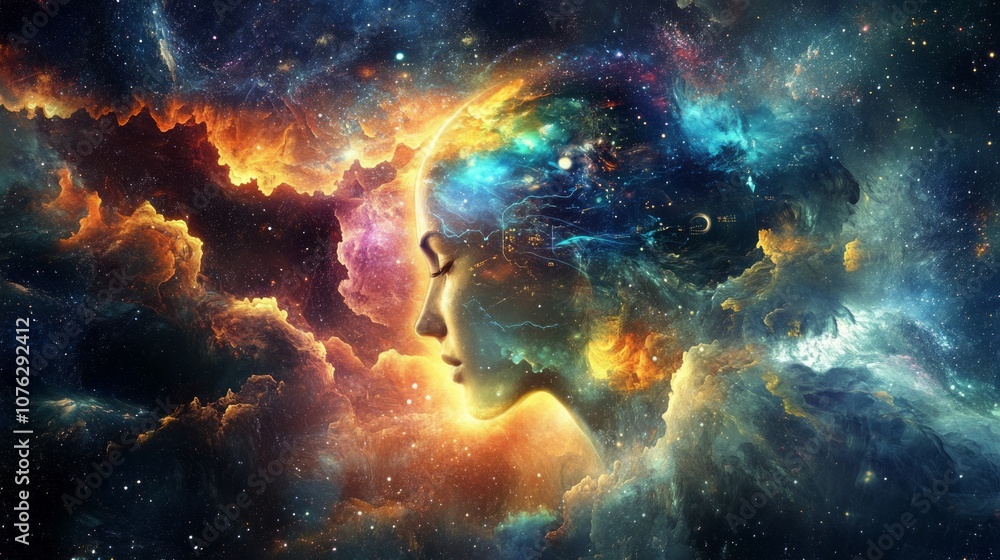 Fototapeta premium portrait of a woman with eyes universe illustration 