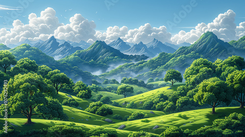 Tranquil Mountain Landscape With Lush Greenery Under Blue Skies