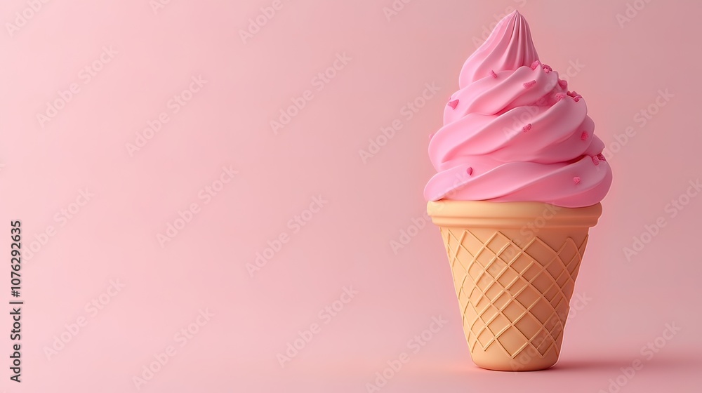 A single pink ice cream cone with sprinkles on a pink background. A single pink ice cream cone with sprinkles on a pink background.