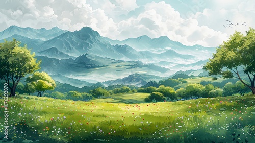 Tranquil Mountain Landscape With Lush Greenery Under Blue Skies