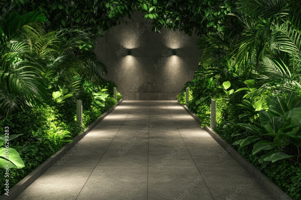 Digital of a Green Pedestrian Bridge Surrounded by Lush Foliage, Featuring Solar Lighting and a Modern Design Aesthetic for Eco-Friendly Urban Spaces Digital of a Green Pedestrian Bridge Surrounded by Lush Foliage, Featuring Solar Lighting and a Modern Design Aesthetic for Eco-Friendly Urban Spaces