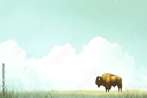 Bison in watercolor prairie landscape