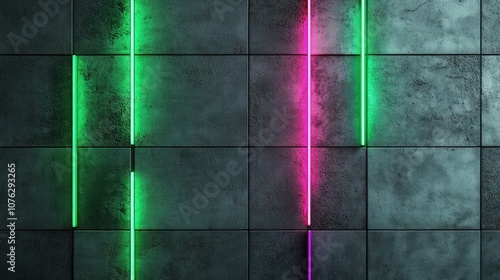 Fototapeta Naklejka Na Ścianę i Meble -  Matte gray cement wall highlighted with neon accents in green and magenta, emphasizing the texture of the wall with a bold contrast against a dark space,