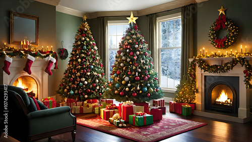 A beautifully decorated Christmas tree with glowing ornaments, presents underneath, and a cozy ambiance.