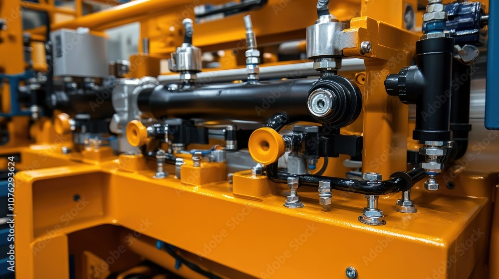 Close-Up of Industrial Machinery Components Featuring Hydraulic Pipe Systems and Robust Connectors in a Modern Manufacturing Facility Close-Up of Industrial Machinery Components Featuring Hydraulic Pipe Systems and Robust Connectors in a Modern Manufacturing Facility