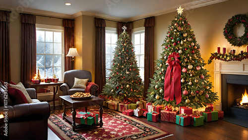 A beautifully decorated Christmas tree with glowing ornaments, presents underneath, and a cozy ambiance.